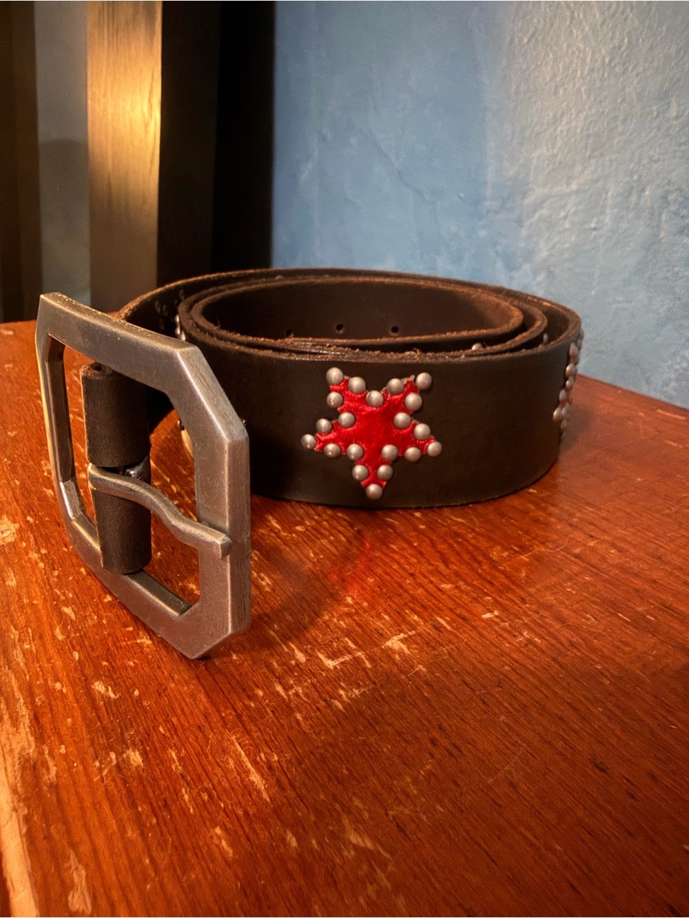 Black Leather Studded Belt with Red Star Accent